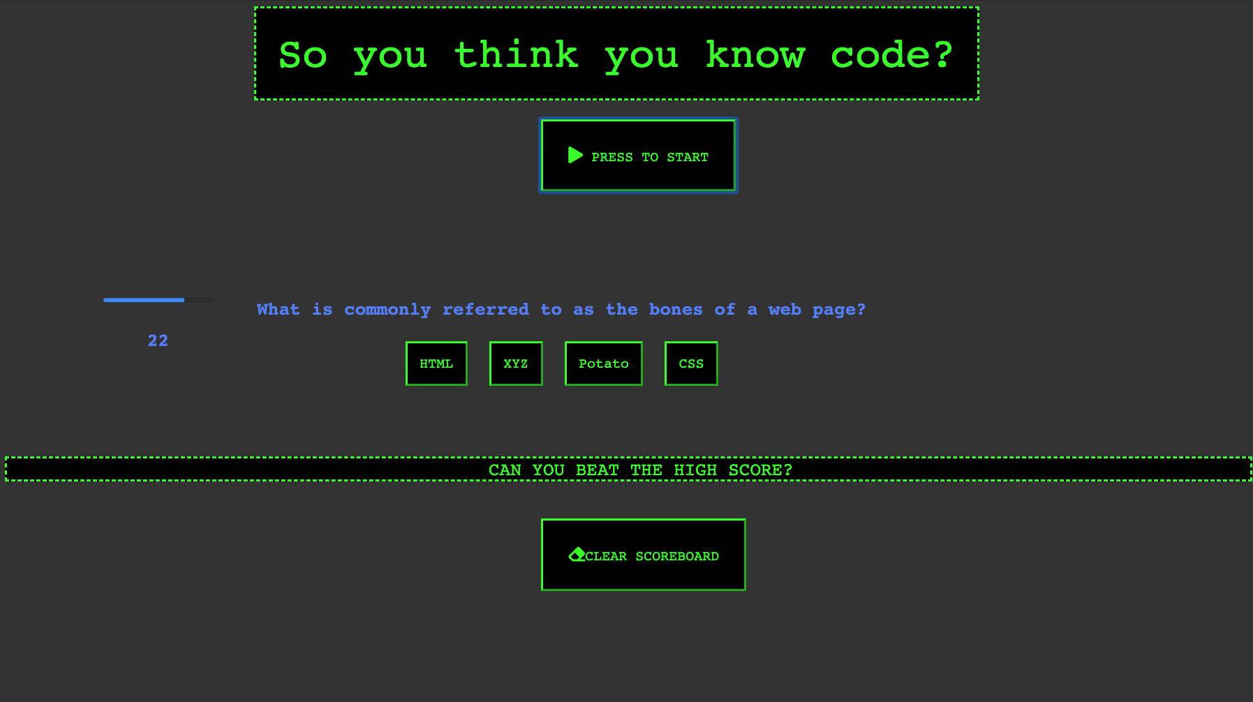 Bootcamp quiz screen shot