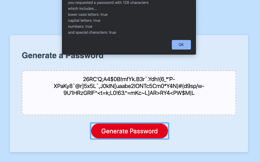 Password generator screen shot