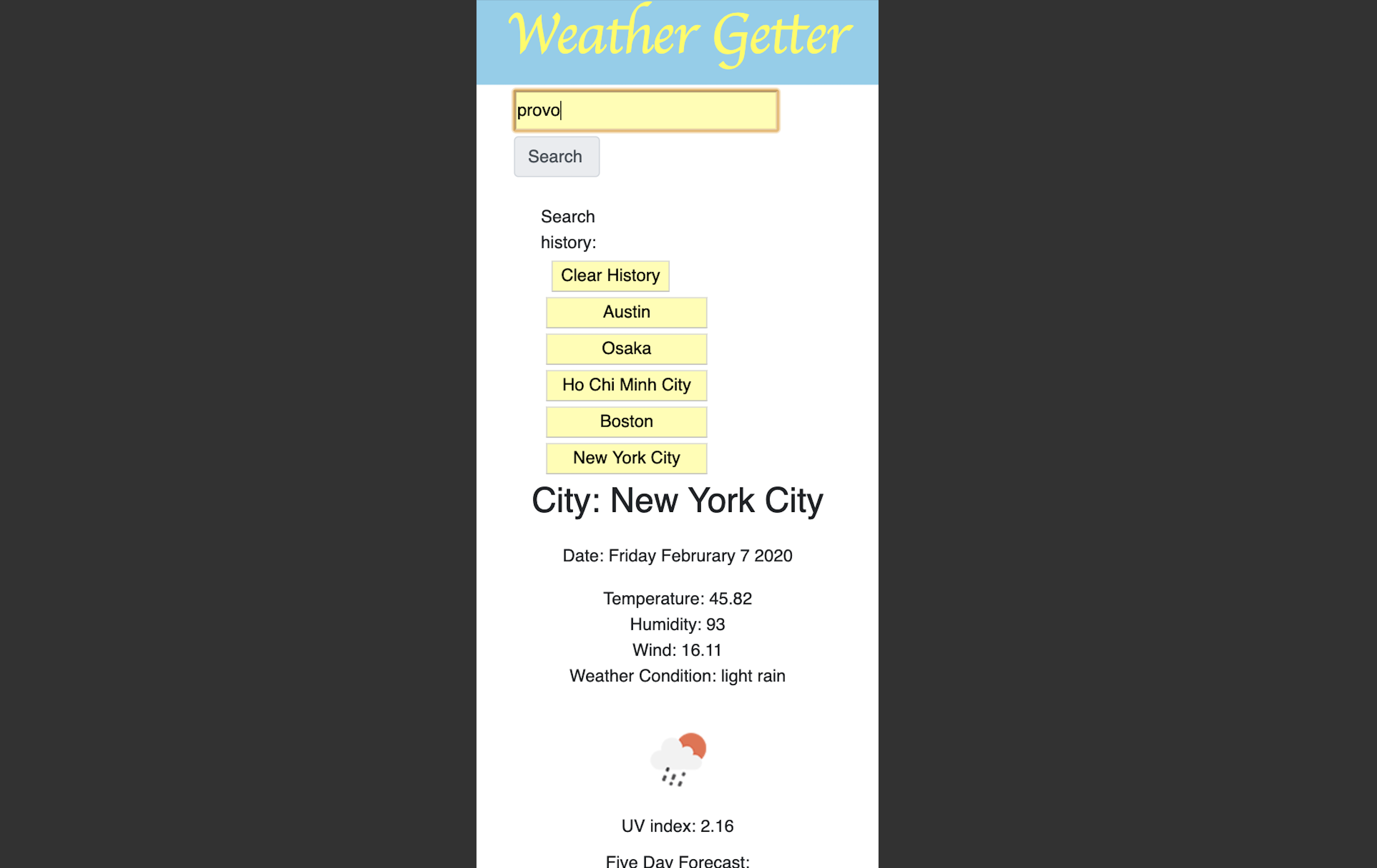 Weather app screen shot